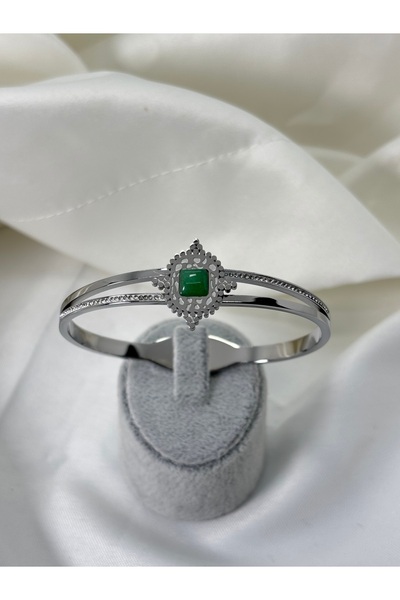 divakse Steel Bracelet Ethnic Design Baguette Green Stone Silver