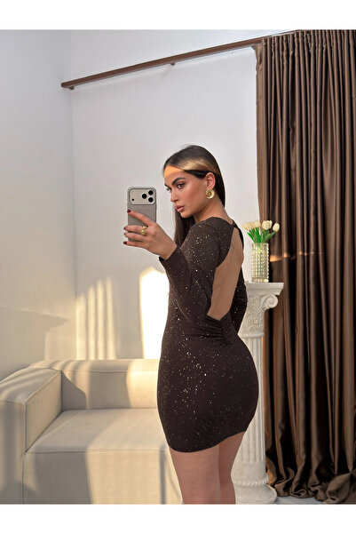 Zoom Butik Sırt Dekolte Simli Elbise - KAHVE