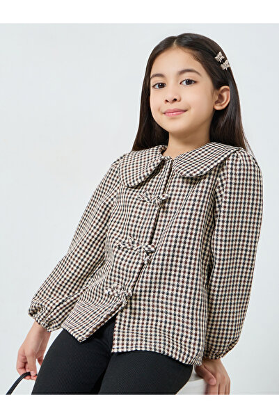 Styli Girls Brown Checkered Blouse with Peter Pan Collar