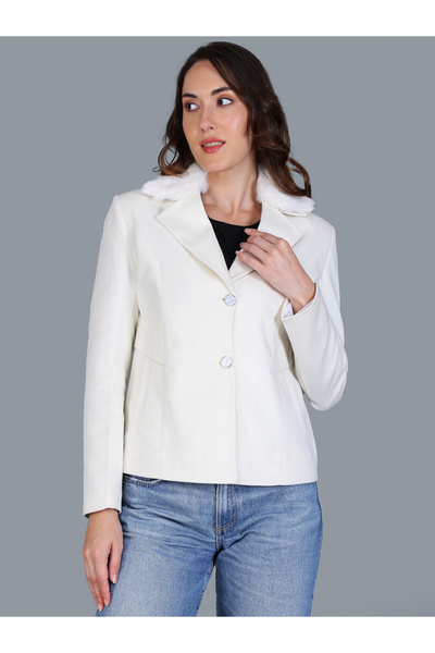 Fort Collins By Styli Women Beige Button-Up Blazer with Faux Fur Collar