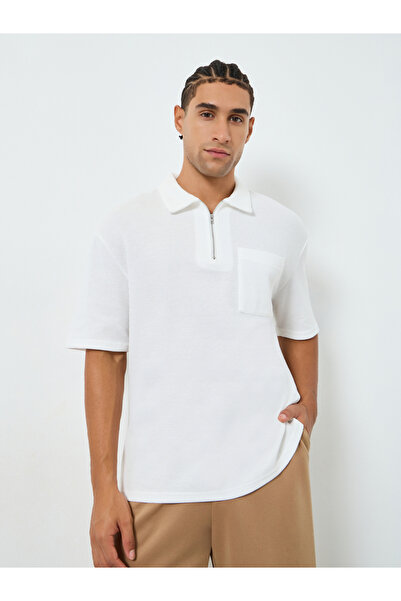 Styli Men Waffle Knit Quarter Zip Oversized Polo