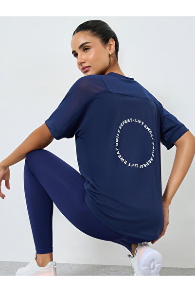 Styli Mesh Insert Back Text Detail Short Sleeve Top