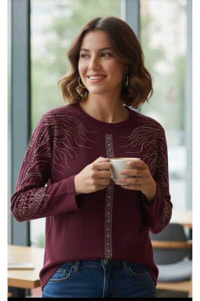 Aylin بلوزة تريكو طويلة الأكمام بياقة دائرية مطرزة من الأمام وقصة عادية بنقش البرسيم