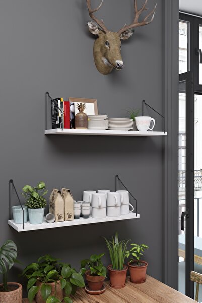 Catchme 2'li Duvar Rafı Seti 20x70 cm - Beyaz Raf Siyah Metal Kollu Kitaplık ...