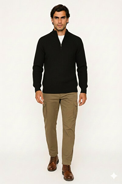 OIL PARK Men's Comfortable Fit Mock Neck Zipper Detailed Soft Textured Stylis...