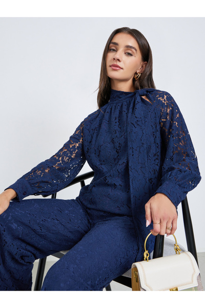 Styli Navy Blue Lace Tie Up Neck Blouse