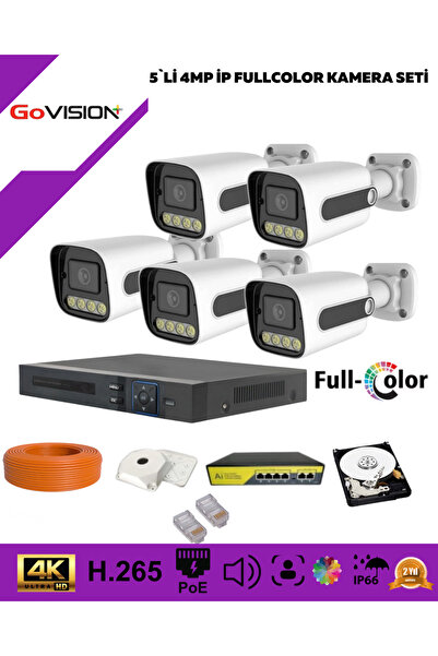 Go Vision 5 KAMERALI ULTRA HD 4K ÇÖZÜNÜRLÜK GECE GÖRÜŞLÜ WARMLED FULLCOLOR H265 POE 4MP IP BULLET KAMERA SETİ