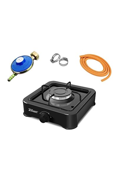 Zilan Single Burner Stove, 27 x 27cm, GPL + Gas Bottle Regulator + 2m Gas Hose + 2 Hose Clamps, Black