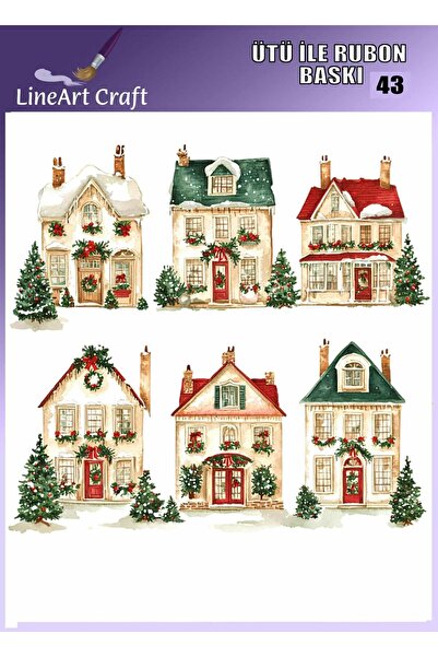 LİNEART N: 43 Renkli Yeniyıl Konseptli Ev Desenli Kumaş Transfer, Ahşap Trans...