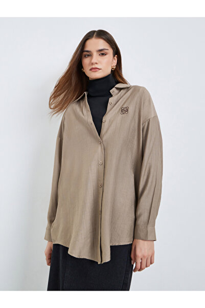 Styli Women Beige Oversized Shirt with Embroidered Detail