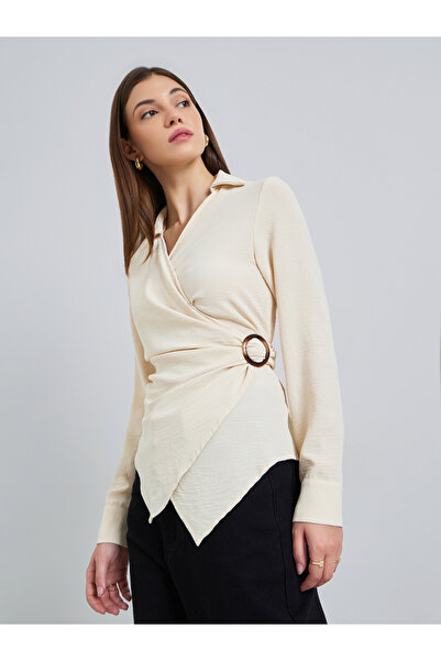 Styli Women Cream Long Sleeves Wrap Top