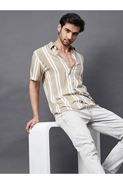 Rigo By Styli Men Beige Striped Rayon Shirt