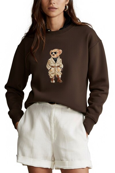 The Champ Clothing سترة نسائية قصة فضفاضة ترينتش بير 3D مطبوع بني – ياقة دائر...