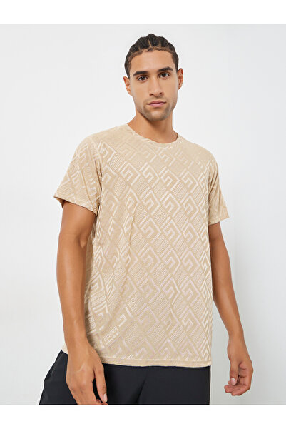 Styli Men Beige Geometric Print Quick Dry Athleisure T-Shirt