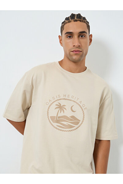 Styli Men Beige Graphic Print Oversized T-Shirt
