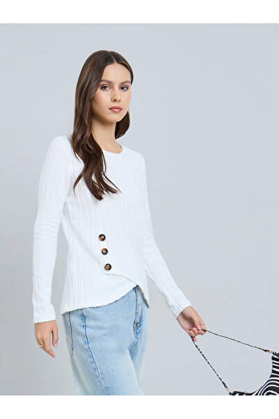 Take Two By Styli White Ribbed Button Side Detail Top