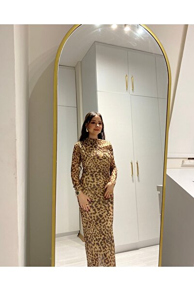 EMOŞŞBUTİK LEOPAR DESENLİ KOL DETAYLI ELBİSE