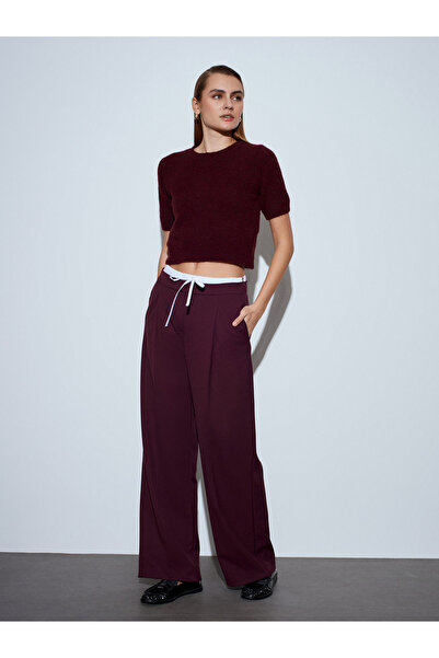 Dilvin 72240 Double-Waisted Wide Leg Pants-Burgundy
