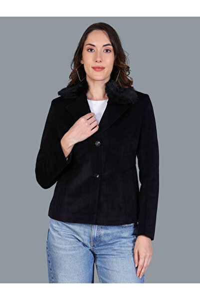 Fort Collins By Styli Women Black Button-Up Blazer with Faux Fur Collar