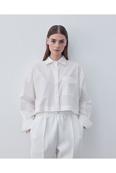 Aybikestil Poplin Kısa Crop Cepli Gömlek Ekru
