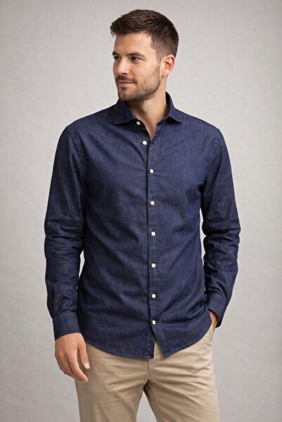 Polo State Men's Slim Fit Navy Blue Easy-Iron Cotton Shirt