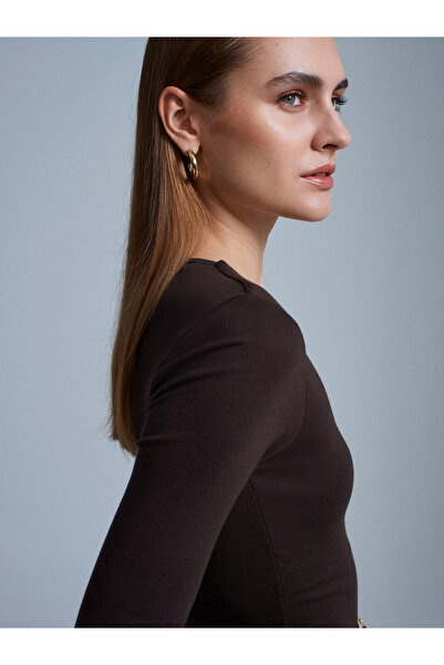 Dilvin 32284 Crew Neck Long Sleeve Top-Dark Brown