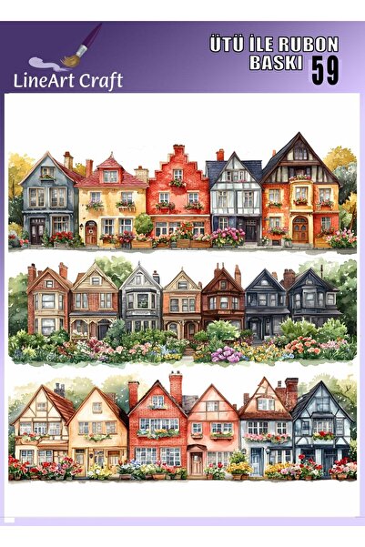 LİNEART N: 59 Renkli Evler Desenli Kumaş Transfer, Ahşap Transfer, Rub On Tra...