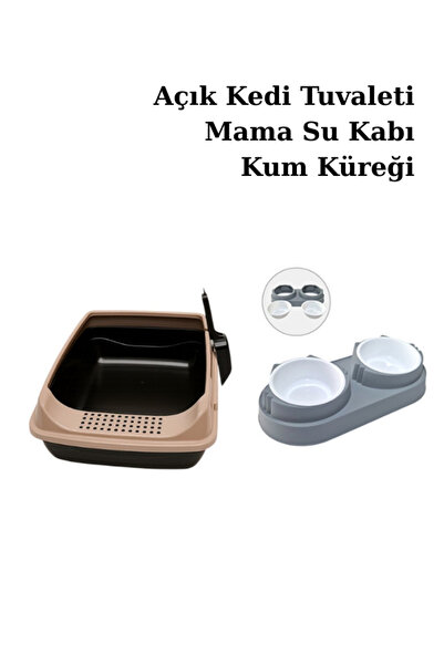 chittoshop Açık Kedi Tuvaleti + Çift Hazneli Mama & Su Kabı + Kum Küreği Seti