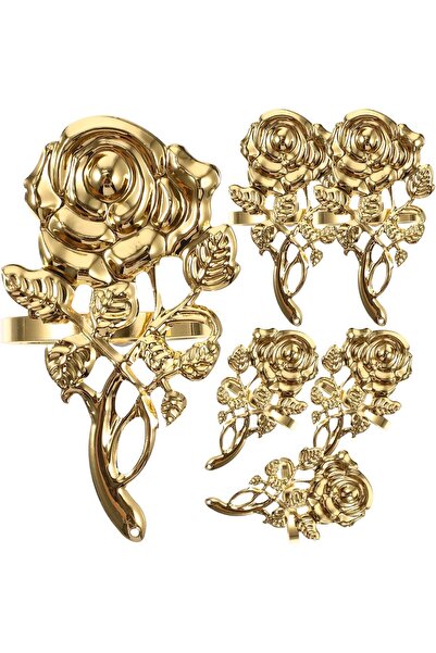 Arabest 6pcs Valentines Day Rose Napkin Rings Artificial Rose Napkin Rings Gold Metal Napkin