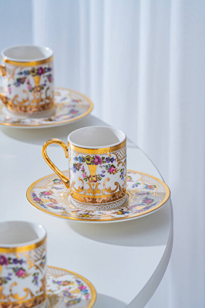 ACAR Zale 24K Gold Detailed 6-Person Porcelain Coffee Cup Set - 100 ml