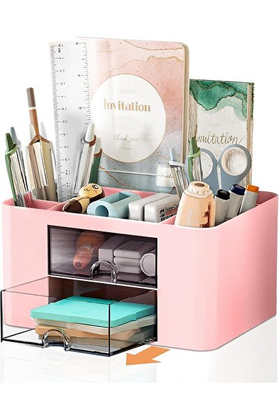 Arabest Stationary Organiser 7-Grid Desk Organizer with Drawer – Multifunctional Plastic Table