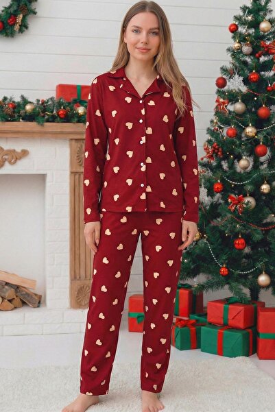 Niket Life Women's Heart Patterned Button Front Long Sleeve Six Length Suede Pajama Set