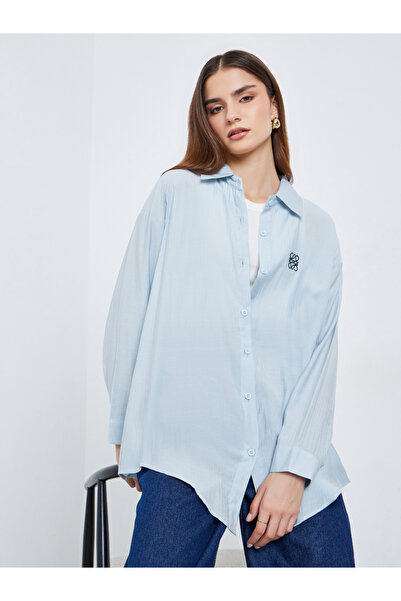 Styli Women Light Blue Oversized Shirt with Embroidered Detail