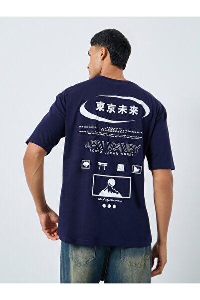 Styli Men Navy Blue Oversized Graphic Print T-Shirt