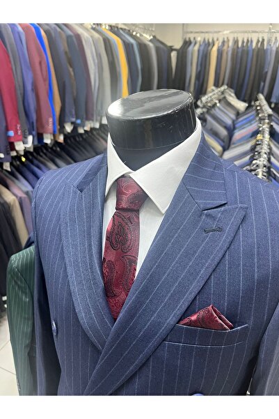 MASSARO Double-Breasted Navy Blue Striped Slimfit Suit