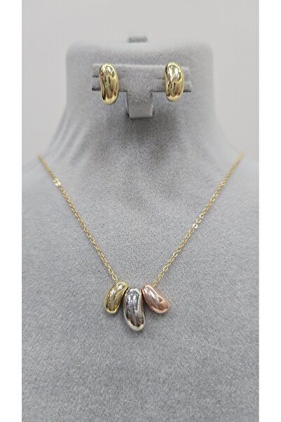 NO NAME Stainless Steel Gold Color Colorful Rings Model Necklace, Earring Set