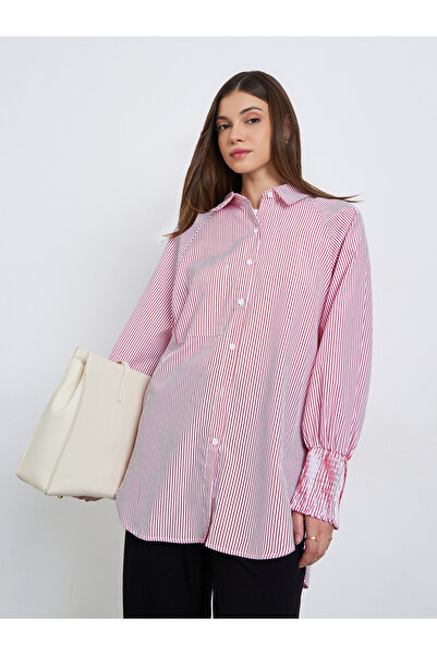 Styli Women Red Striped Oversized Shirt