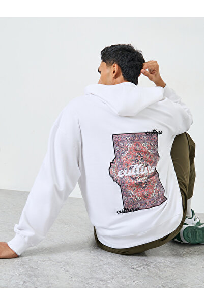 Styli Men White Tapestry Print Oversized Heavy Fleece Hoodie