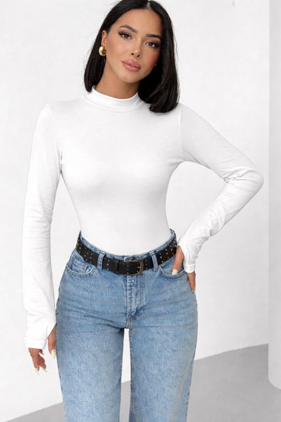 Generic Brand Women's Basic Bodysuit with Finger Loops at the Wrist – Long Sleeves, Half Turtleneck, Stretchy Fabric (White)