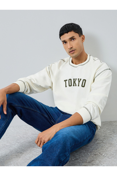 Styli Men Cream Tokyo Print Terry Sweatshirt