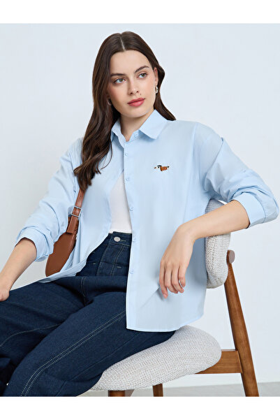 Styli Light Blue Embroidered Long Sleeve Oversized Shirt