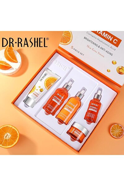 DR.RASHEL مجموعة العناية بالبشرة بفيتامين سي لتفتيح البشرة ومكافحة علامات التقدم في السن، عبوة من 5 قطع في علبة هدايا