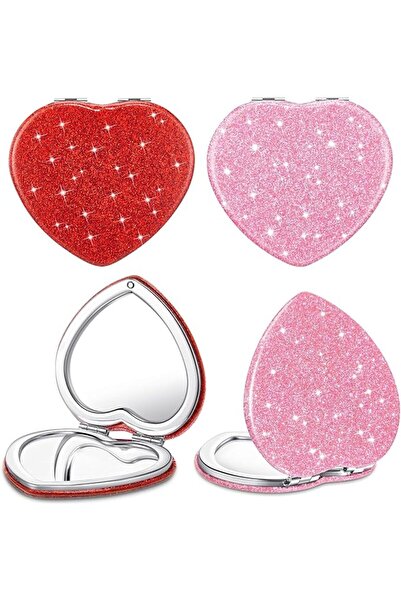 Arabest 4 قطع مرآة مكياج صغيرة قابلة للطي، ذات وجهين، مرآة مكبرة على شكل قلب، أحمر، وردي