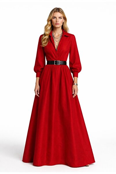 UNTIMELY Balloon Sleeve Red Taffeta Maxi Shirt Dress