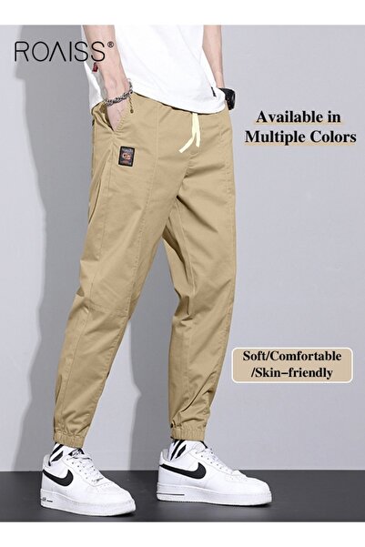 ROAISS Men Fashionable and Comfortable Cotton Cargo Pants Loose Fit Joggers with Cuffed Ankles Ideal for Sp