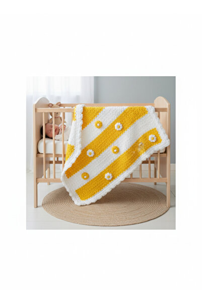 Doğahome Papatya Bahçesi El Örgüsü Yumuşak Bebek Battaniyesi - Sarı Beyaz Pof...