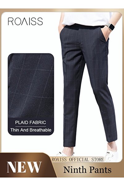 ROAISS بنطلون بدلة رجالي شبابي بقصّة مستقيمة ونقشة مربعات بريطانية وقسم رفيع وبنطلون عمل كاجوال قصير