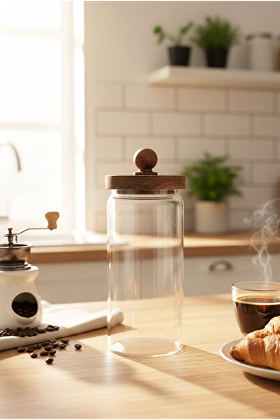 FH finehome Dengi Acacia Glass Jar with Ball Top 9X20Cm