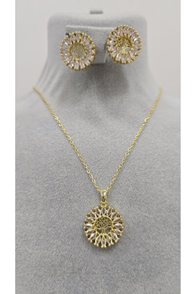 NO NAME Stainless Steel Gold Color Tree of Life Zircon Stone Necklace, Earrin...
