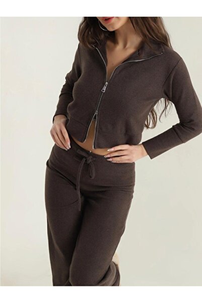 Be Best Set de tricotaje dublu maro cu fermoar dublu pentru femei BE267